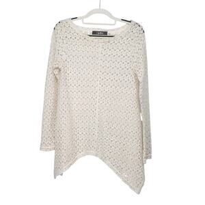 Coin 1804 White Crochet Long Sleeve Shark Bite Hem Boho Overlay Top Women's M